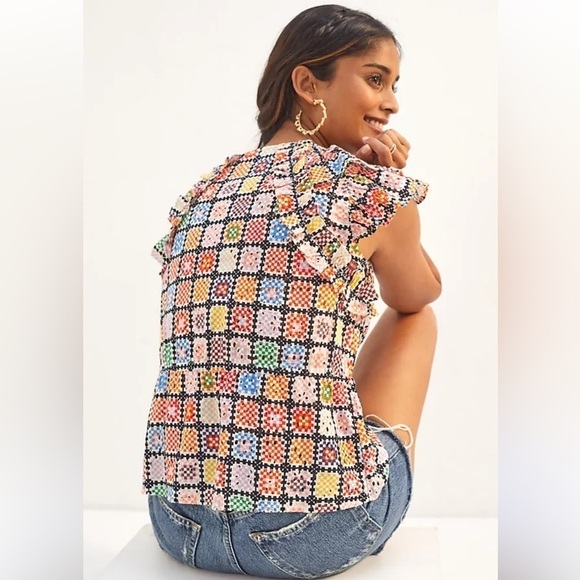 Maeve Ruffled Tie Waist Blouse in Colorful Granny-Square Eyelet Print, S - Picture 8 of 16